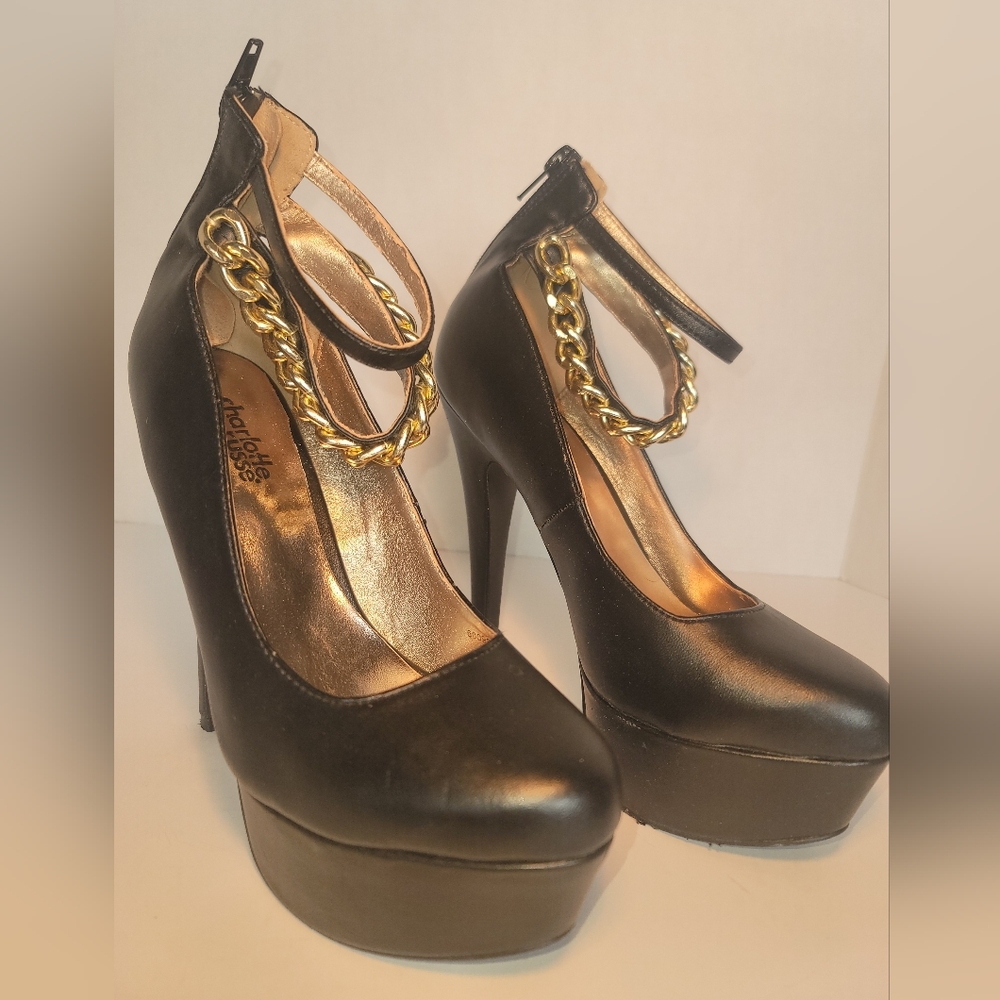 Black Platform Stiletto Heels with a Gold Chain Ankle Strap Women's Sz 6p